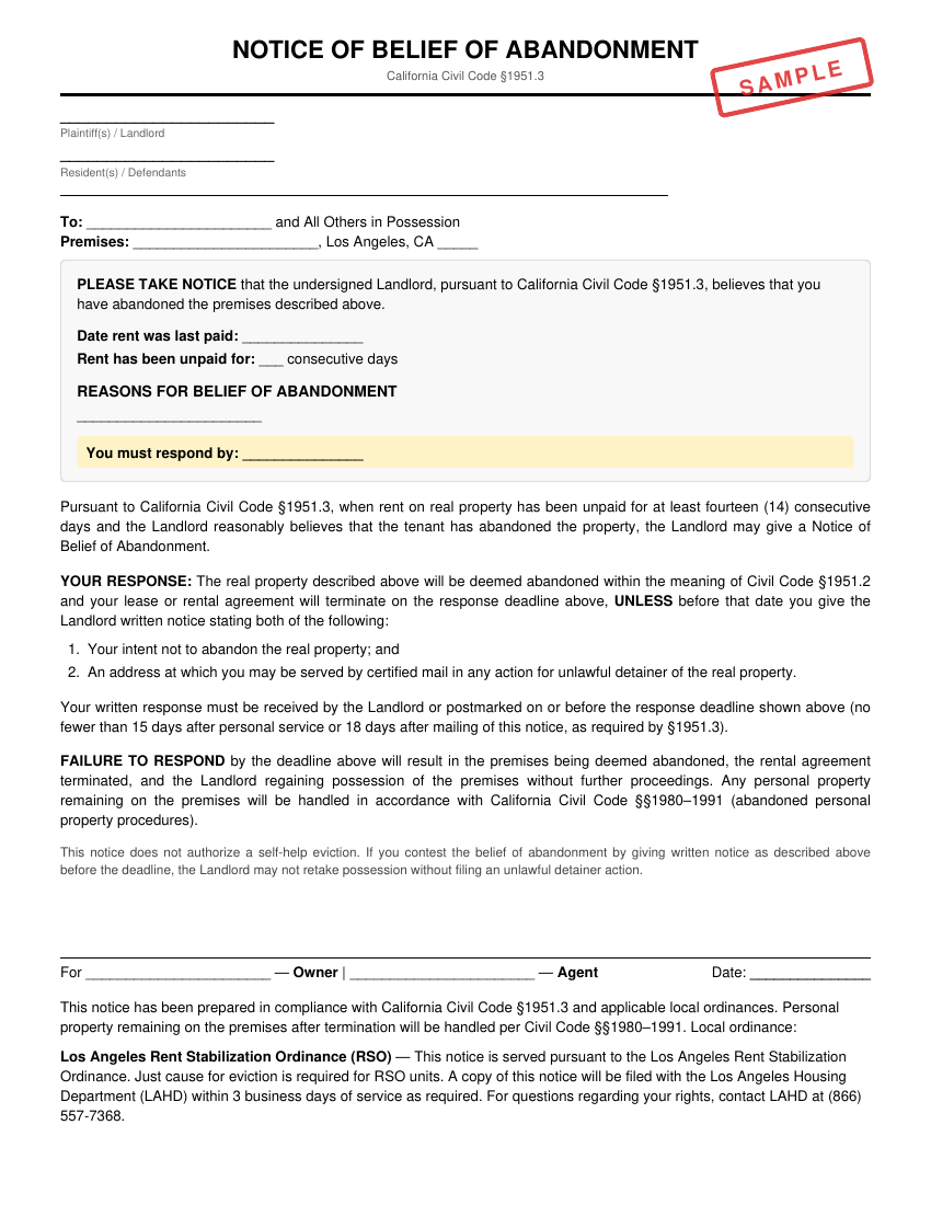 Preview of Notice of Belief of Abandonment for City of Los Angeles