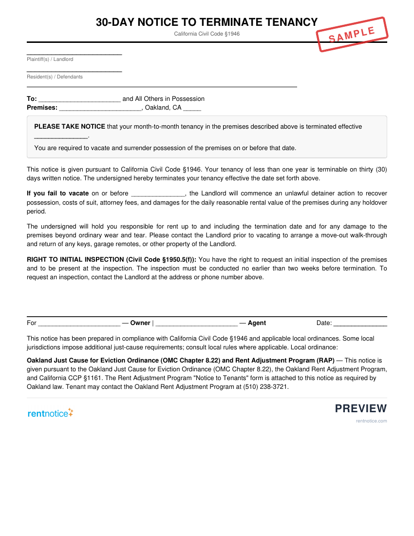 Preview of 30-Day Notice to Terminate Tenancy for Oakland
