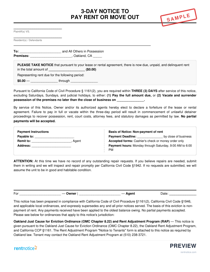 Preview of 3-Day Notice to Pay Rent or Quit for Oakland