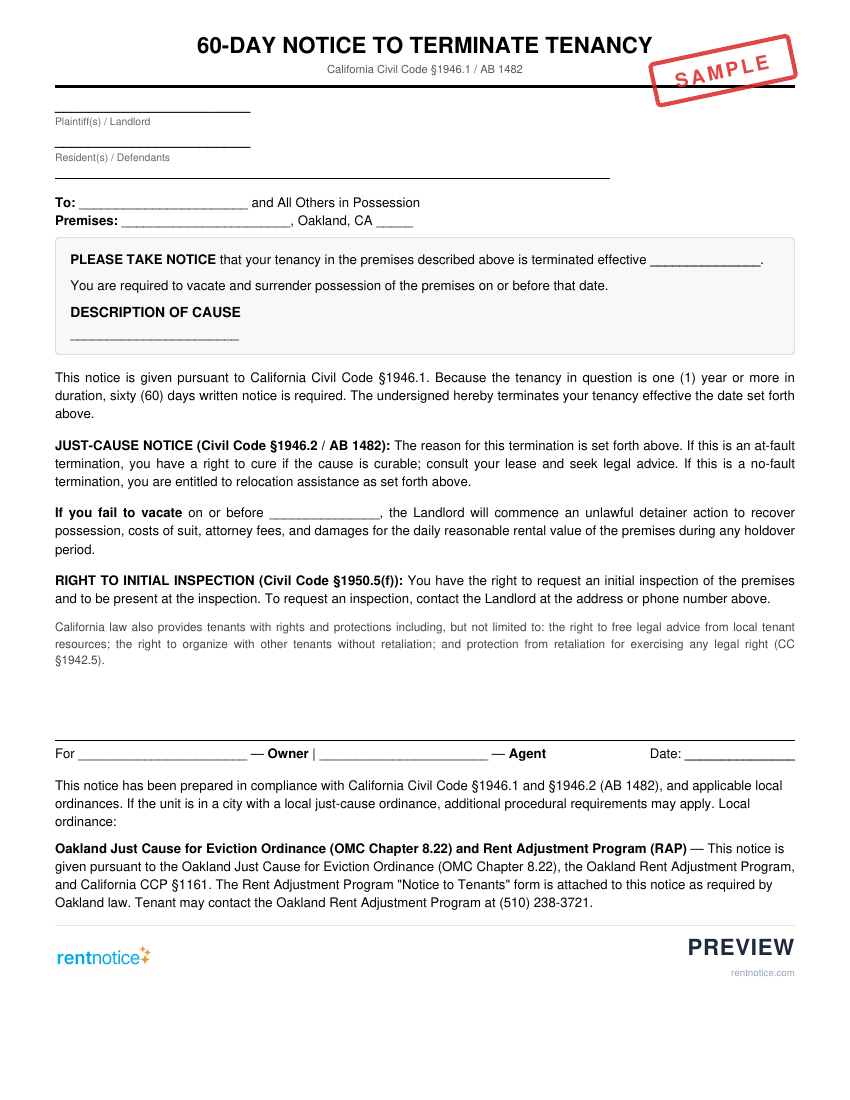 Preview of 60-Day Notice to Terminate Tenancy for Oakland