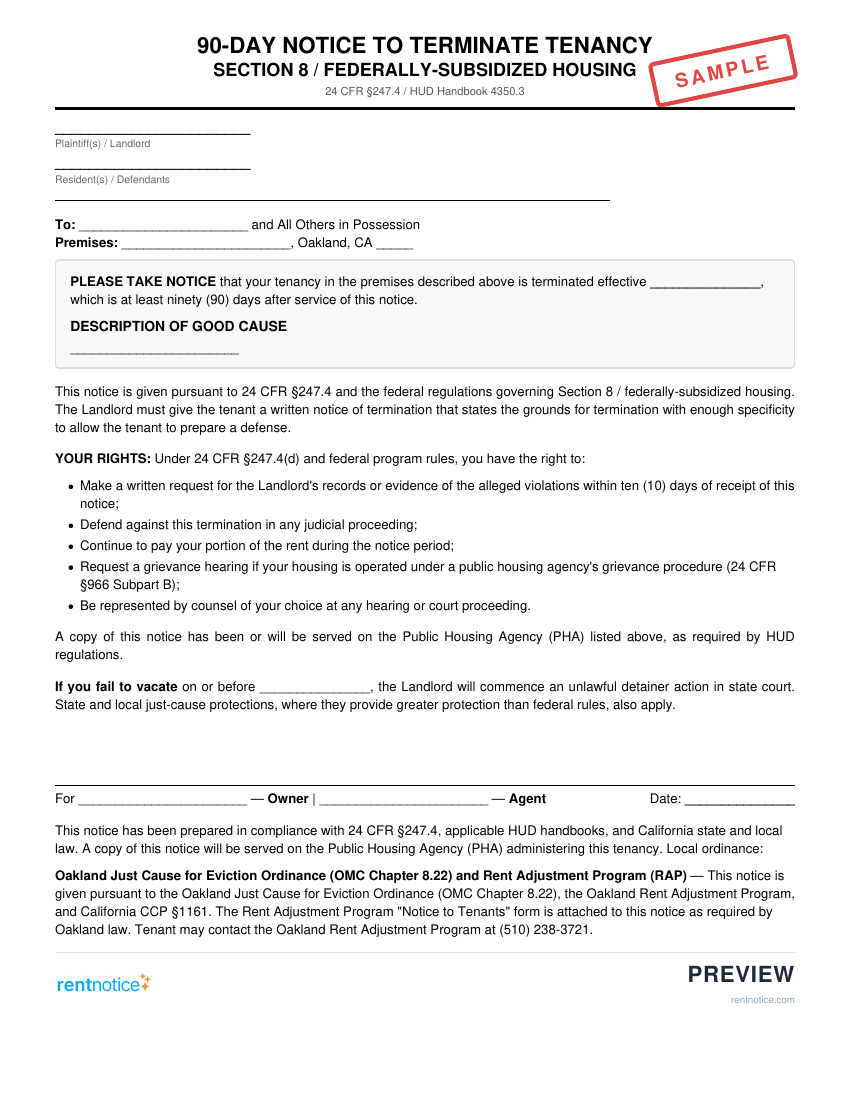 Preview of 90-Day Notice to Terminate Tenancy (Section 8) for Oakland