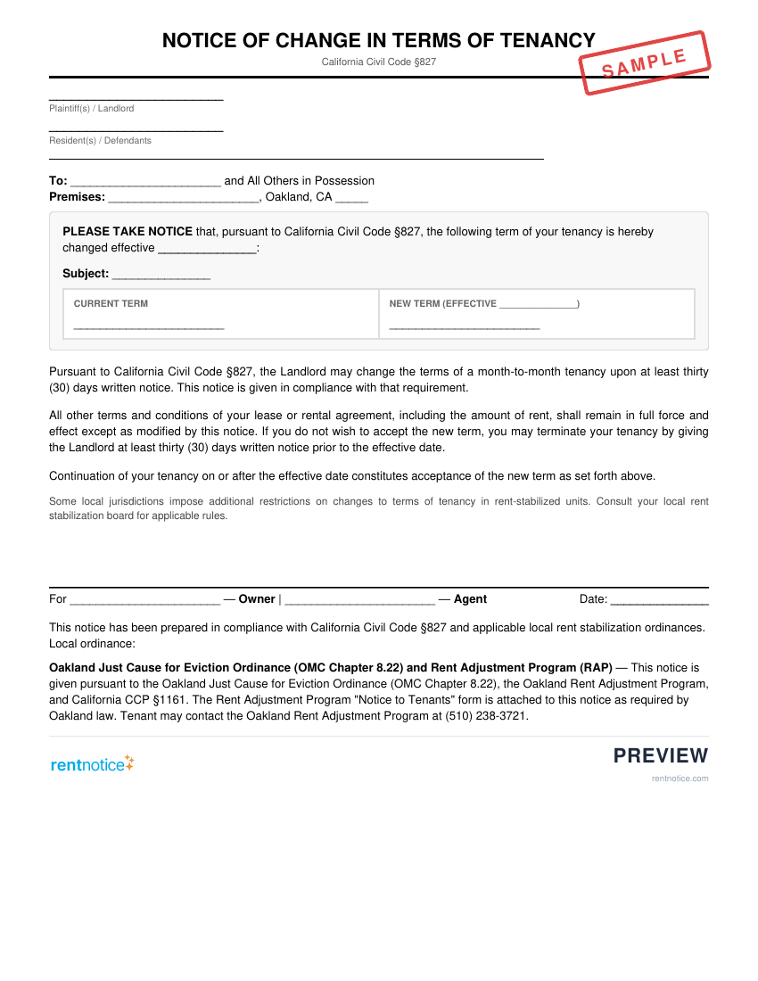 Preview of Notice of Change in Terms of Tenancy for Oakland