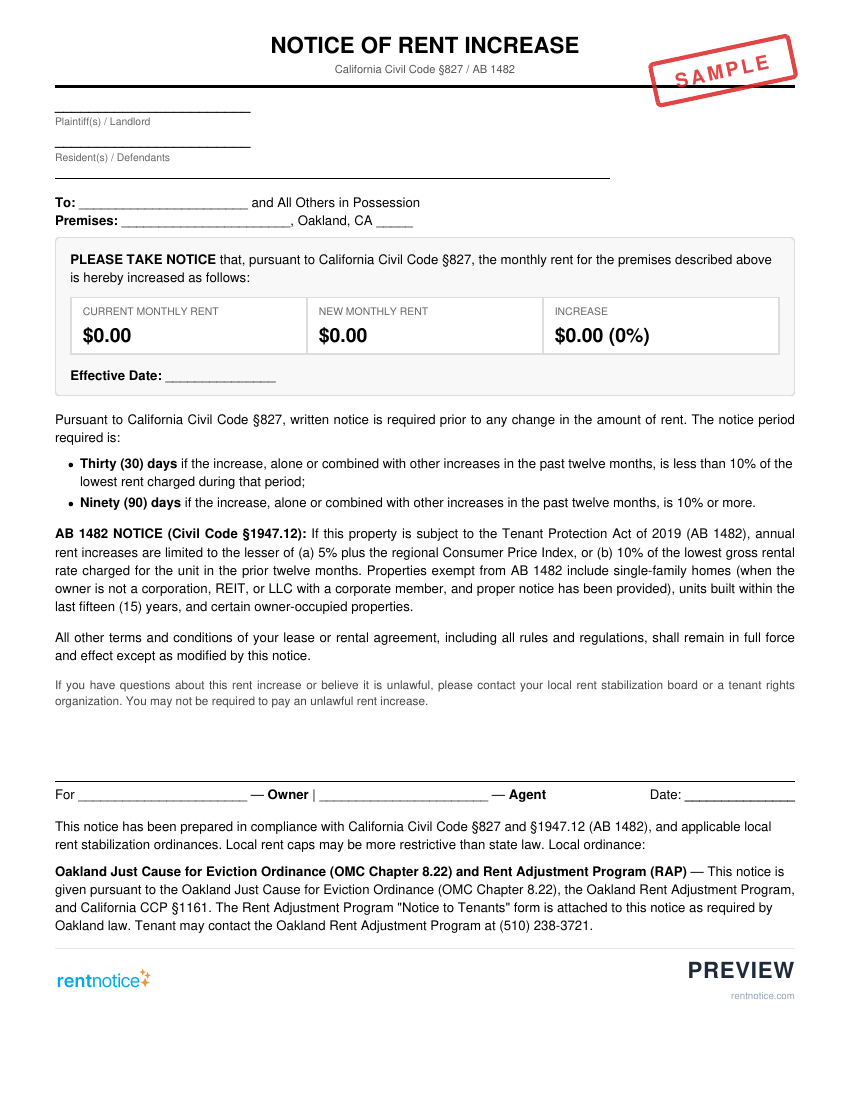 Preview of Rent Increase Notice for Oakland