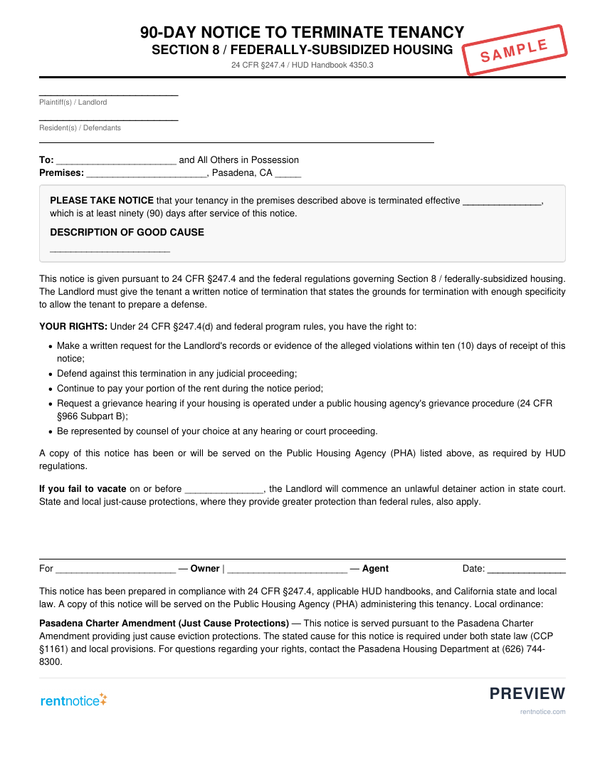 Preview of 90-Day Notice to Terminate Tenancy (Section 8) for Pasadena
