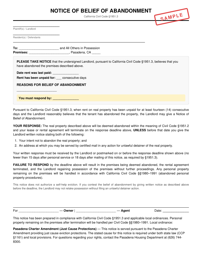 Preview of Notice of Belief of Abandonment for Pasadena
