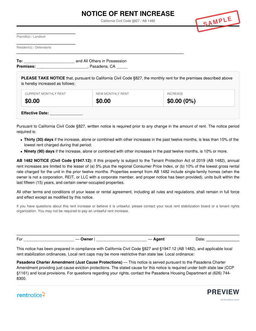 Preview of Rent Increase Notice for Pasadena