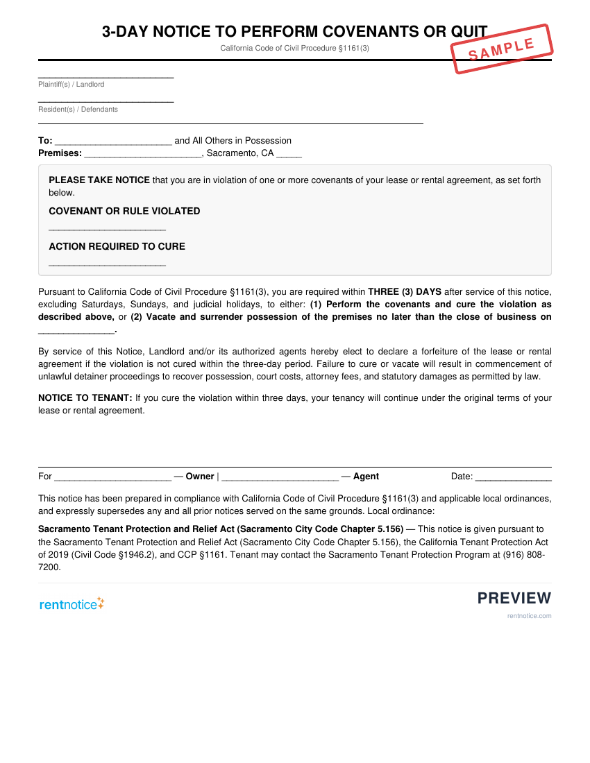 Preview of 3-Day Notice to Perform Covenants or Quit for Sacramento