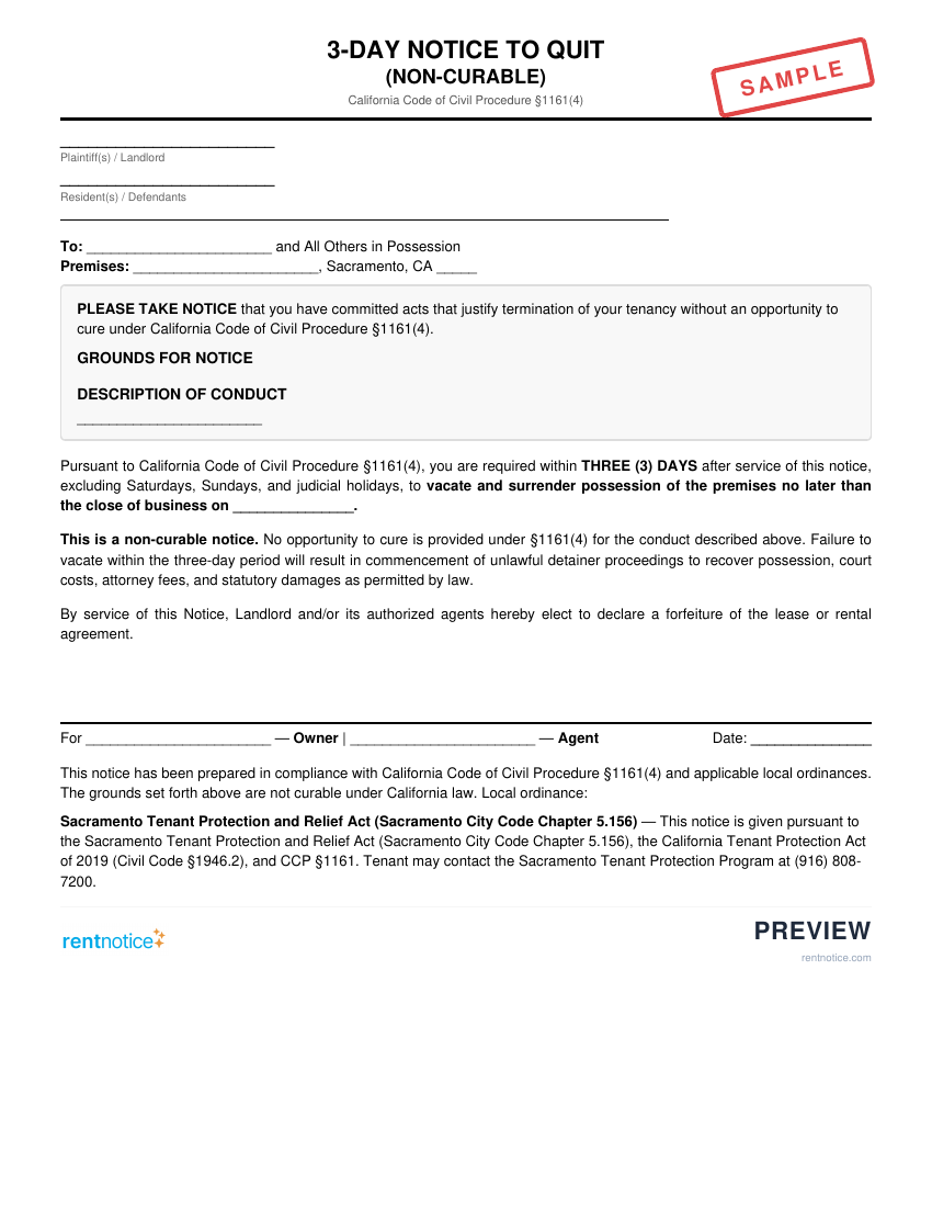 Preview of 3-Day Notice to Quit (Non-Curable) for Sacramento