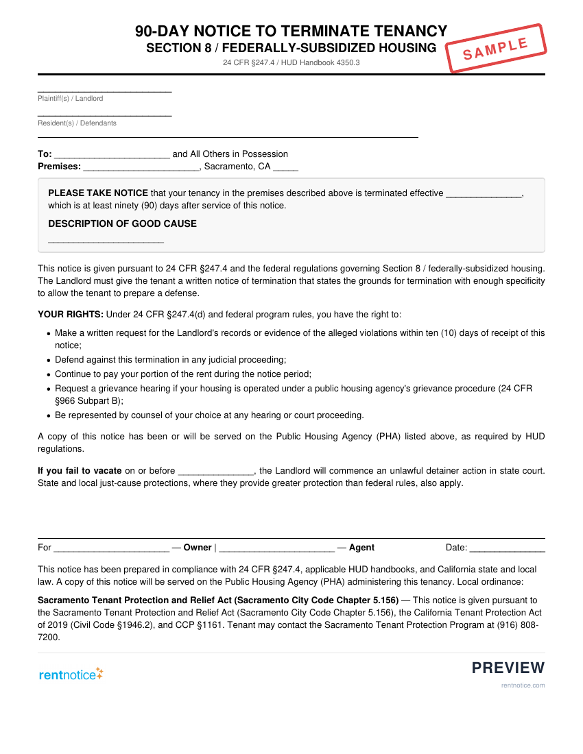Preview of 90-Day Notice to Terminate Tenancy (Section 8) for Sacramento