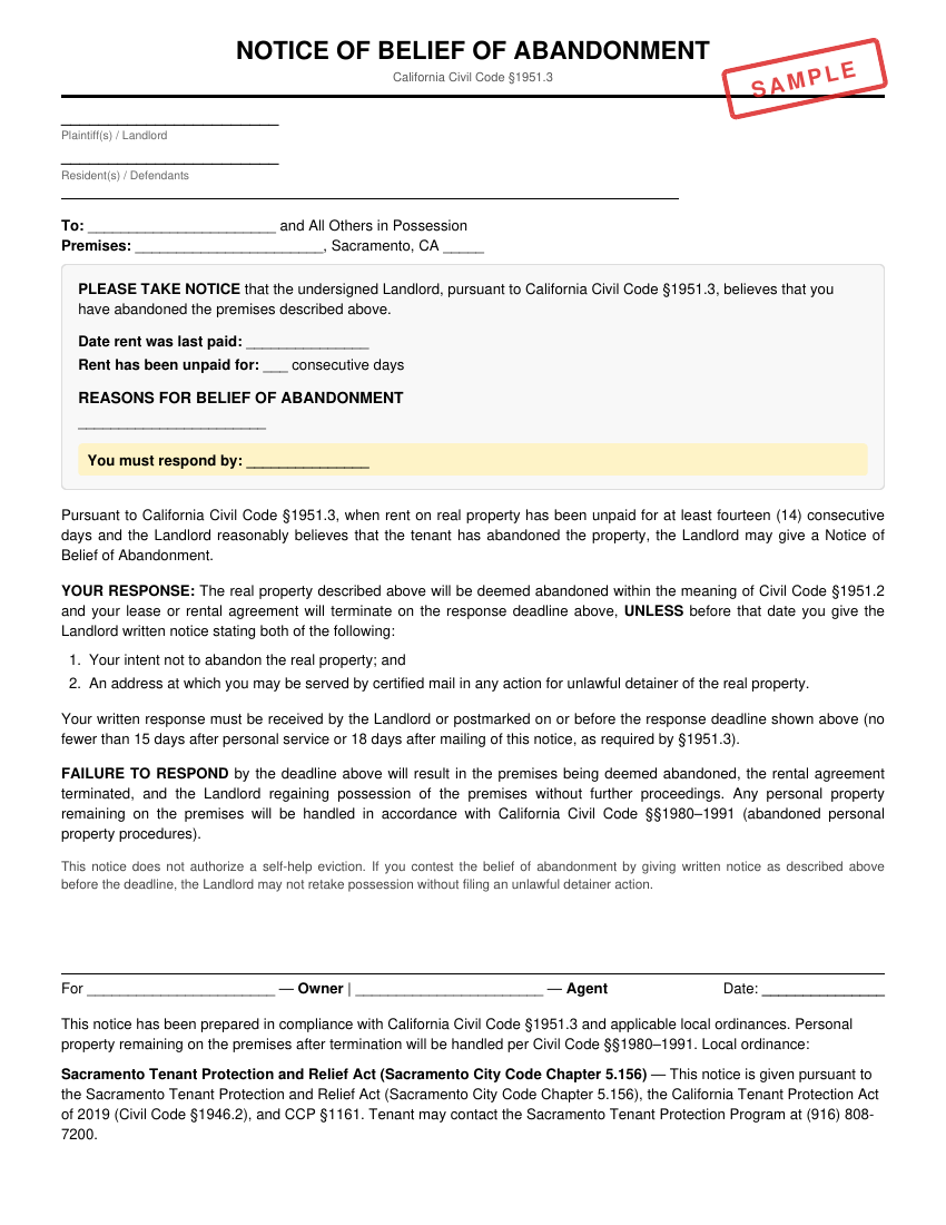 Preview of Notice of Belief of Abandonment for Sacramento