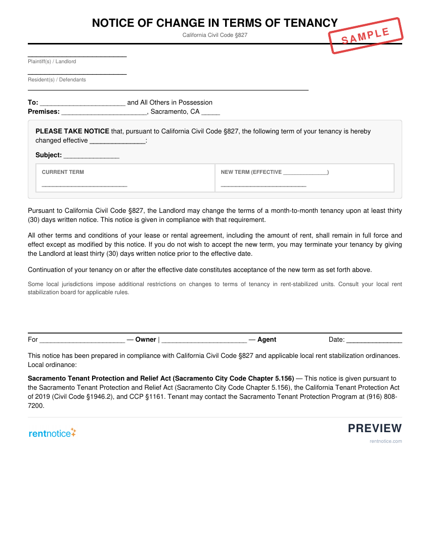 Preview of Notice of Change in Terms of Tenancy for Sacramento