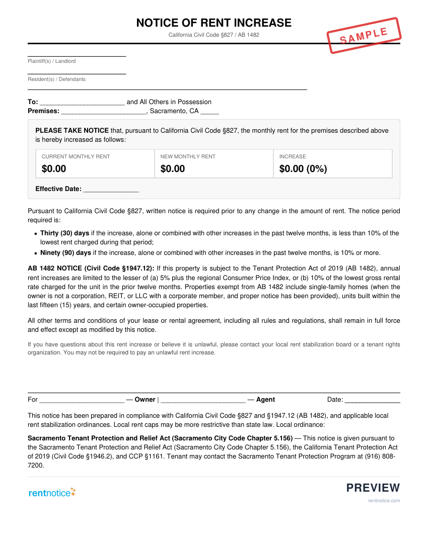Preview of Rent Increase Notice for Sacramento