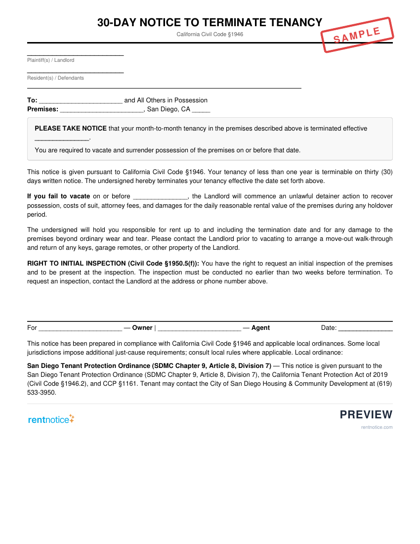 Preview of 30-Day Notice to Terminate Tenancy for San Diego