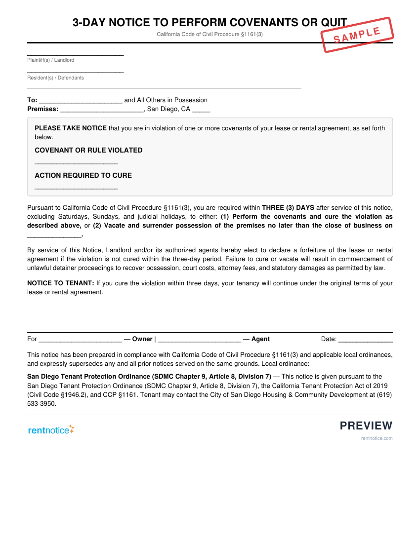 Preview of 3-Day Notice to Perform Covenants or Quit for San Diego