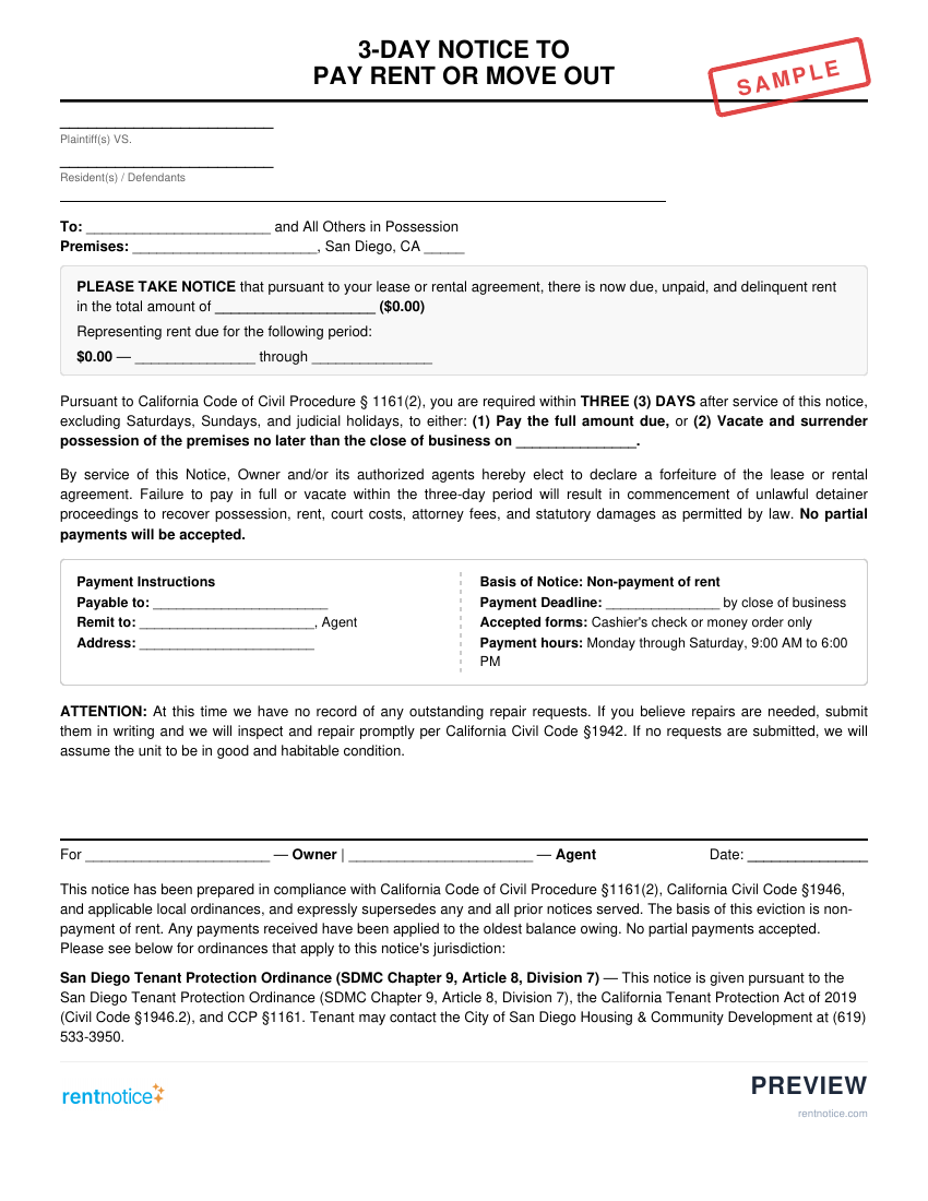 Preview of 3-Day Notice to Pay Rent or Quit for San Diego