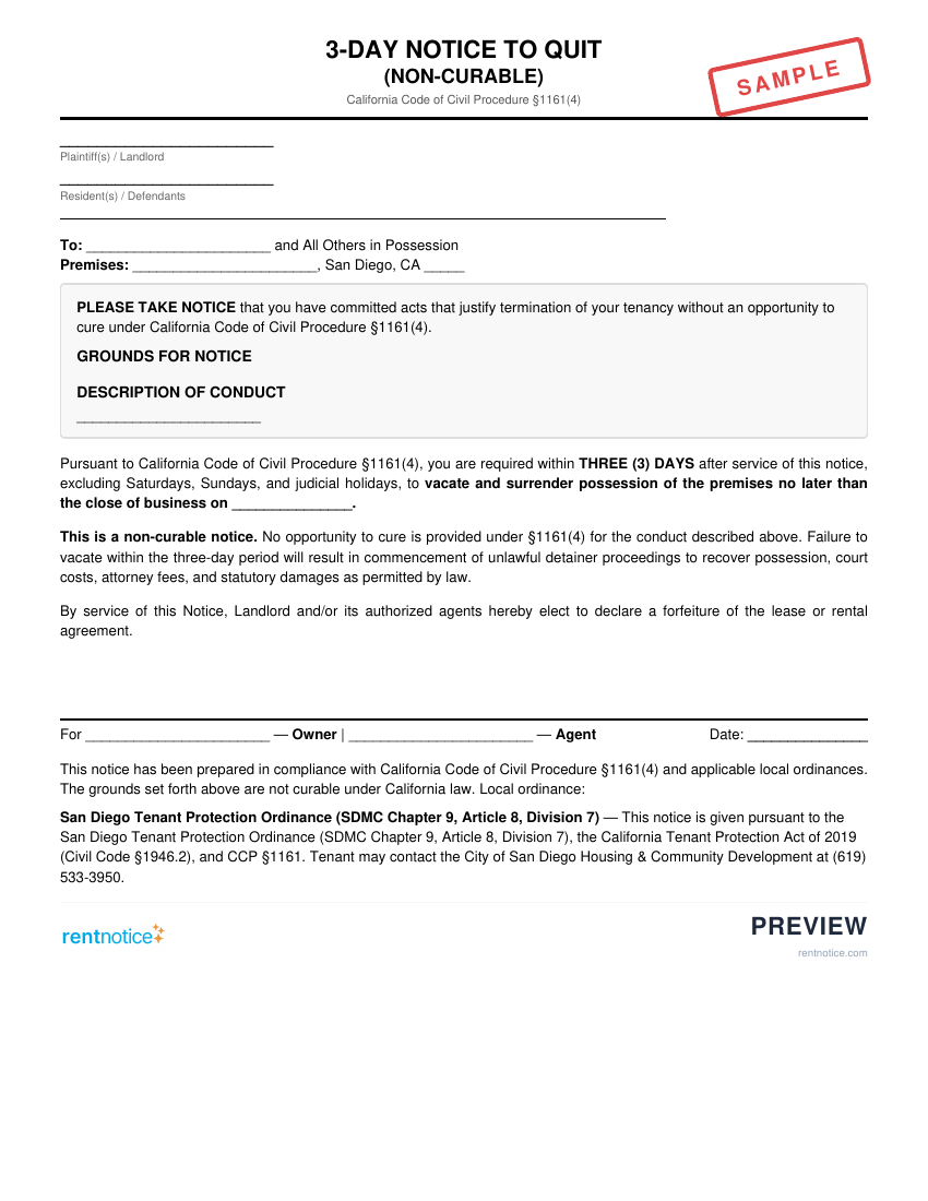 Preview of 3-Day Notice to Quit (Non-Curable) for San Diego
