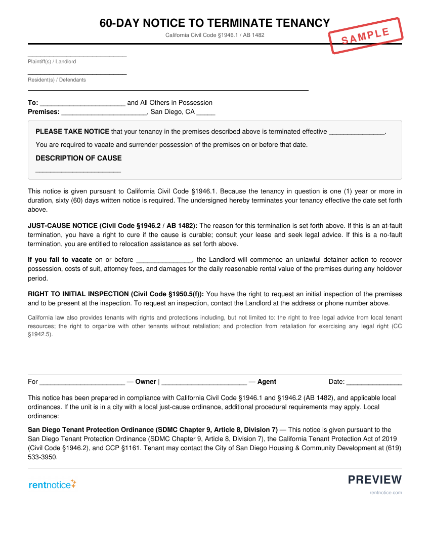 Preview of 60-Day Notice to Terminate Tenancy for San Diego