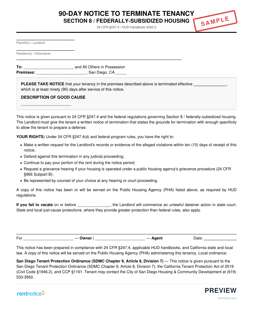 Preview of 90-Day Notice to Terminate Tenancy (Section 8) for San Diego
