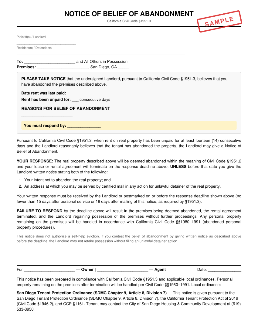 Preview of Notice of Belief of Abandonment for San Diego
