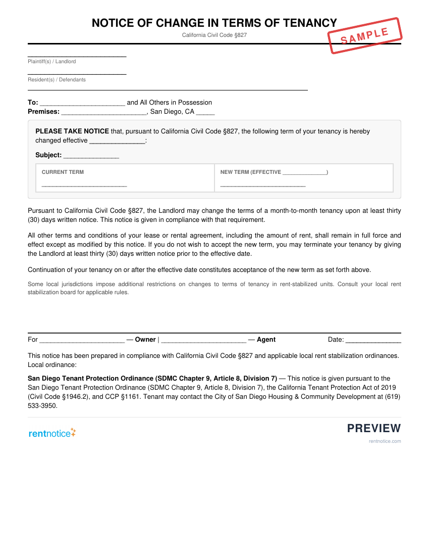 Preview of Notice of Change in Terms of Tenancy for San Diego