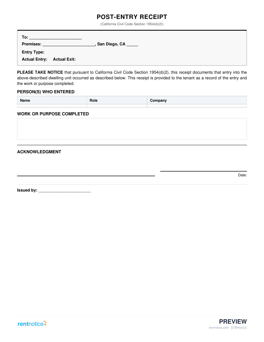 Preview of Post-Entry Receipt for San Diego