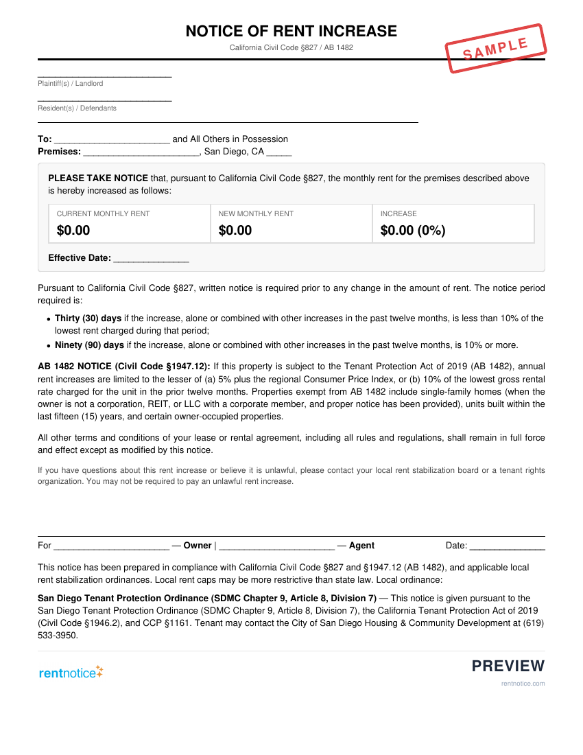 Preview of Rent Increase Notice for San Diego