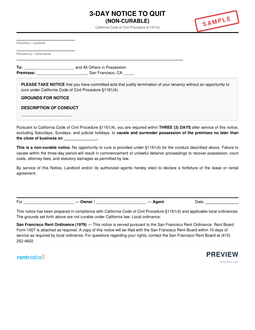 Preview of 3-Day Notice to Quit (Non-Curable) for San Francisco
