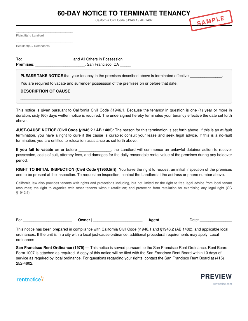 Preview of 60-Day Notice to Terminate Tenancy for San Francisco