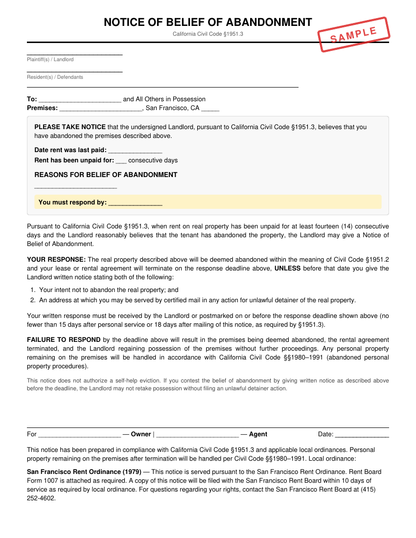 Preview of Notice of Belief of Abandonment for San Francisco