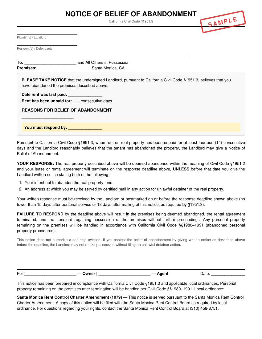 Preview of Notice of Belief of Abandonment for Santa Monica