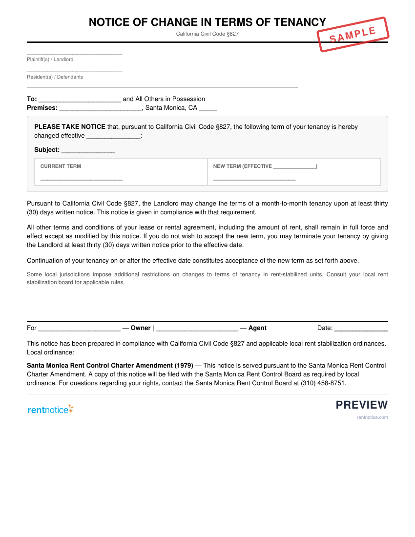 Preview of Notice of Change in Terms of Tenancy for Santa Monica