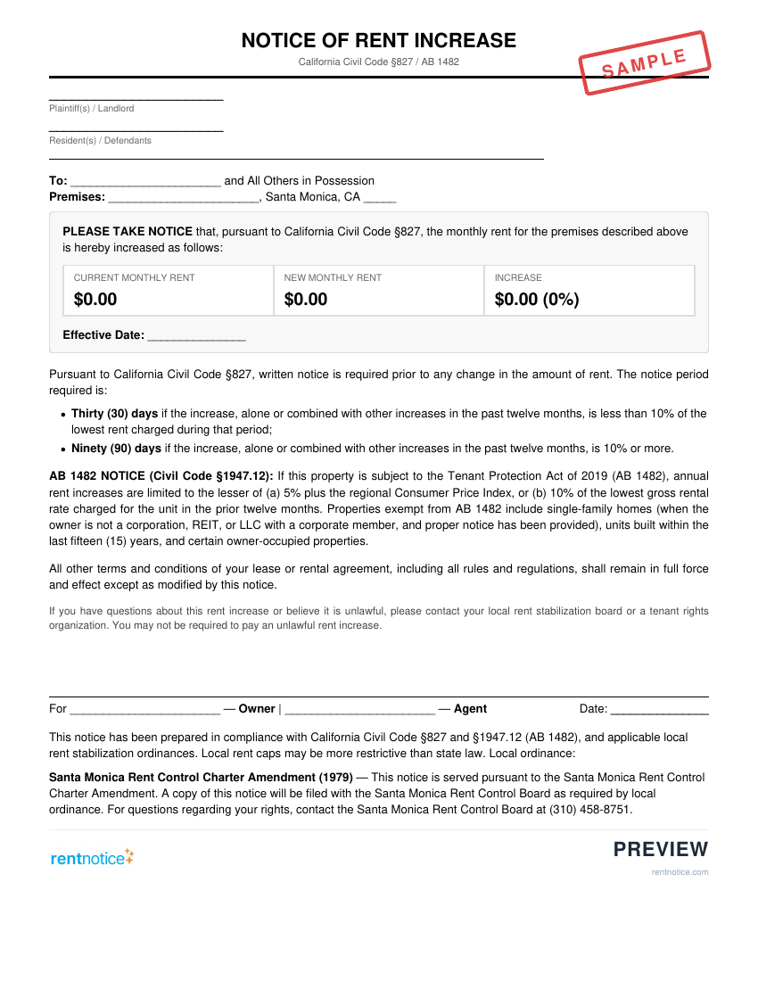 Preview of Rent Increase Notice for Santa Monica