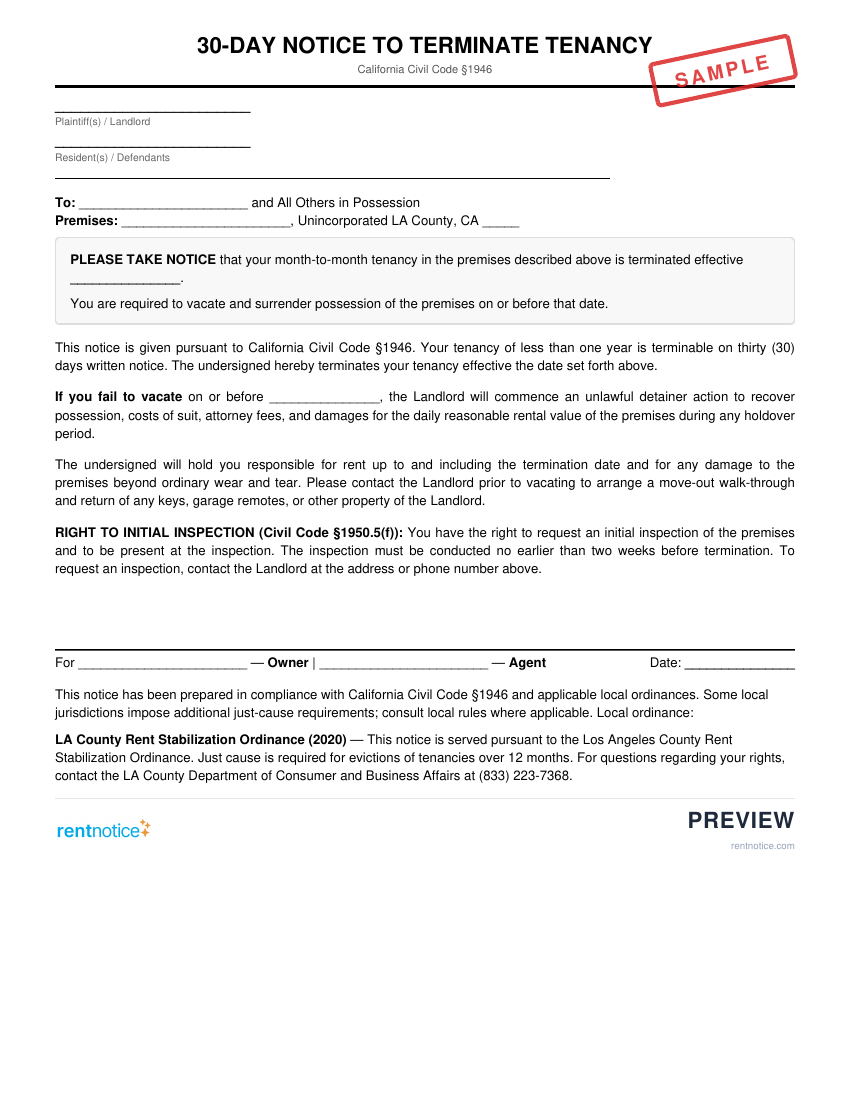 Preview of 30-Day Notice to Terminate Tenancy for Unincorporated LA County