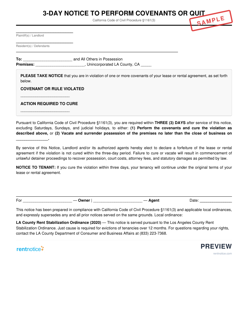 Preview of 3-Day Notice to Perform Covenants or Quit for Unincorporated LA County