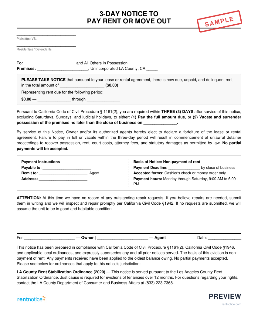 Preview of 3-Day Notice to Pay Rent or Quit for Unincorporated LA County