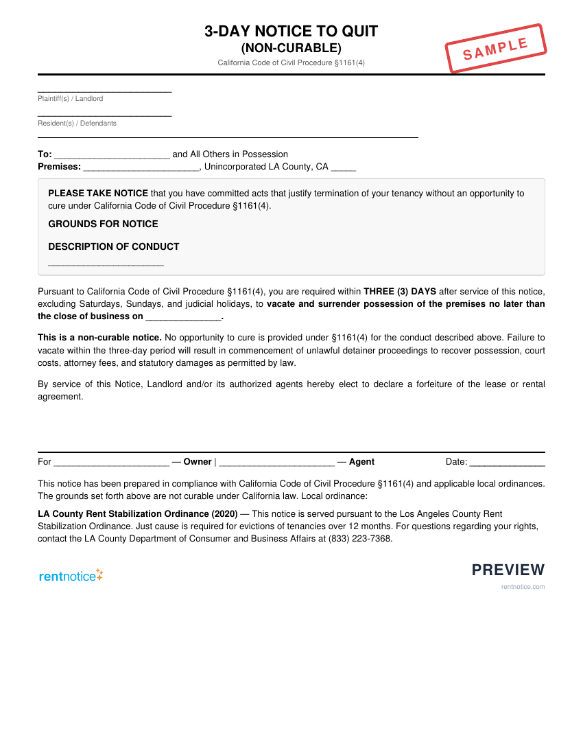 Preview of 3-Day Notice to Quit (Non-Curable) for Unincorporated LA County