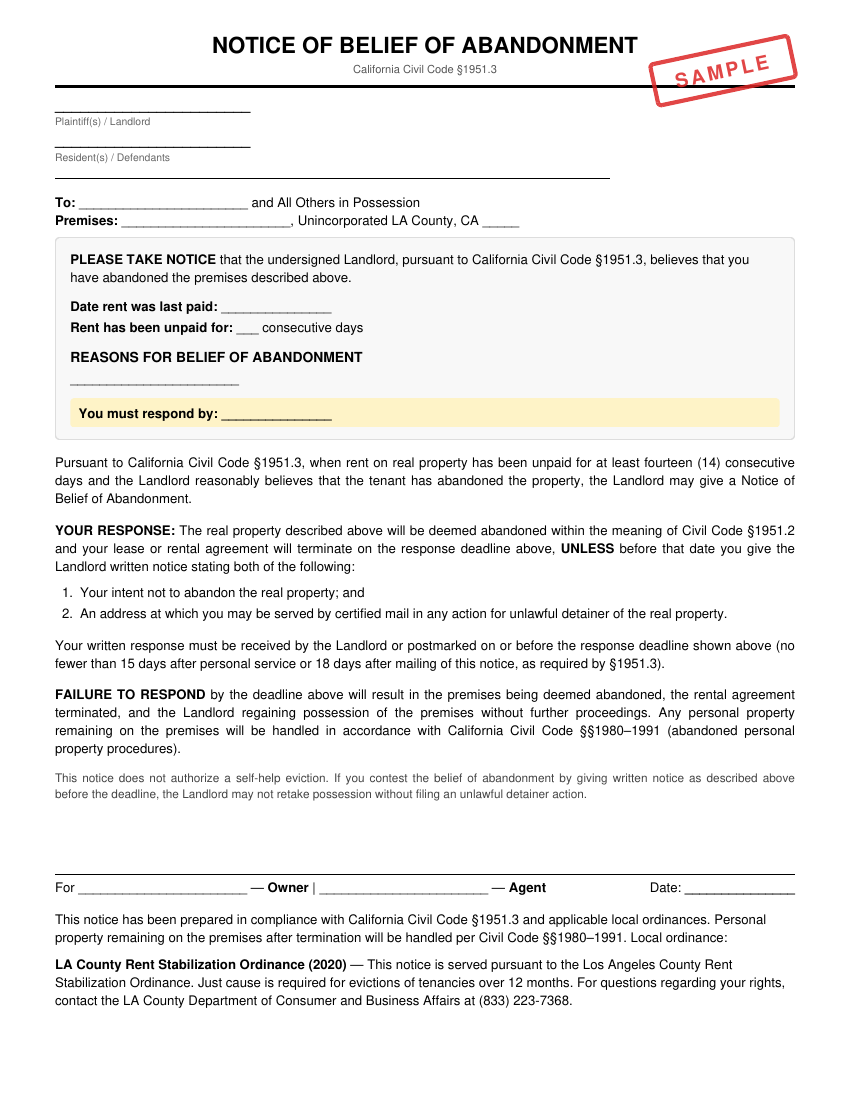 Preview of Notice of Belief of Abandonment for Unincorporated LA County