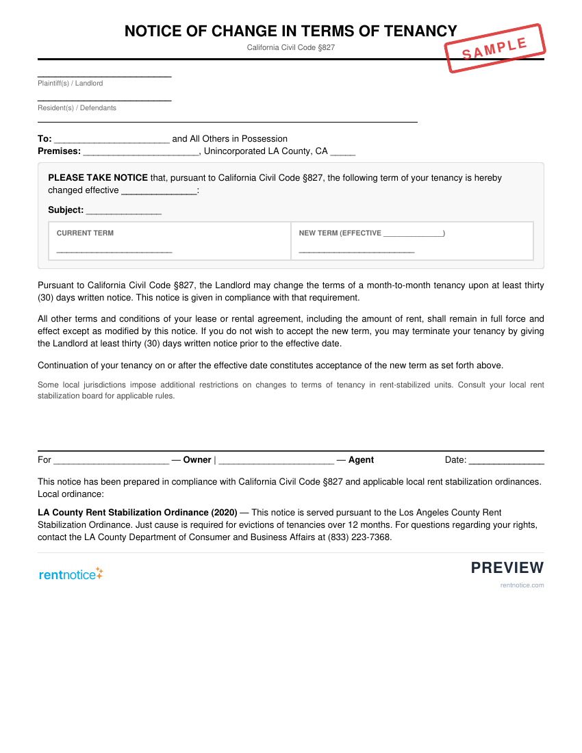Preview of Notice of Change in Terms of Tenancy for Unincorporated LA County