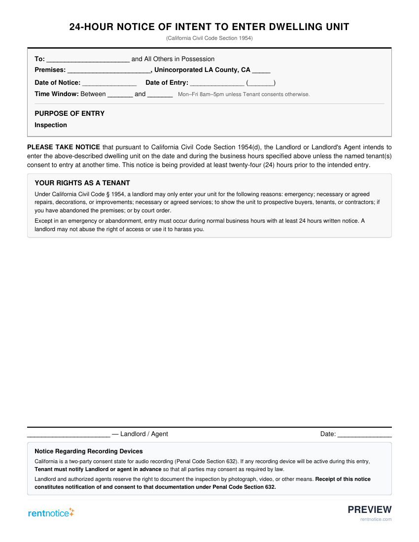 Preview of 24-Hour Notice to Enter for Unincorporated LA County