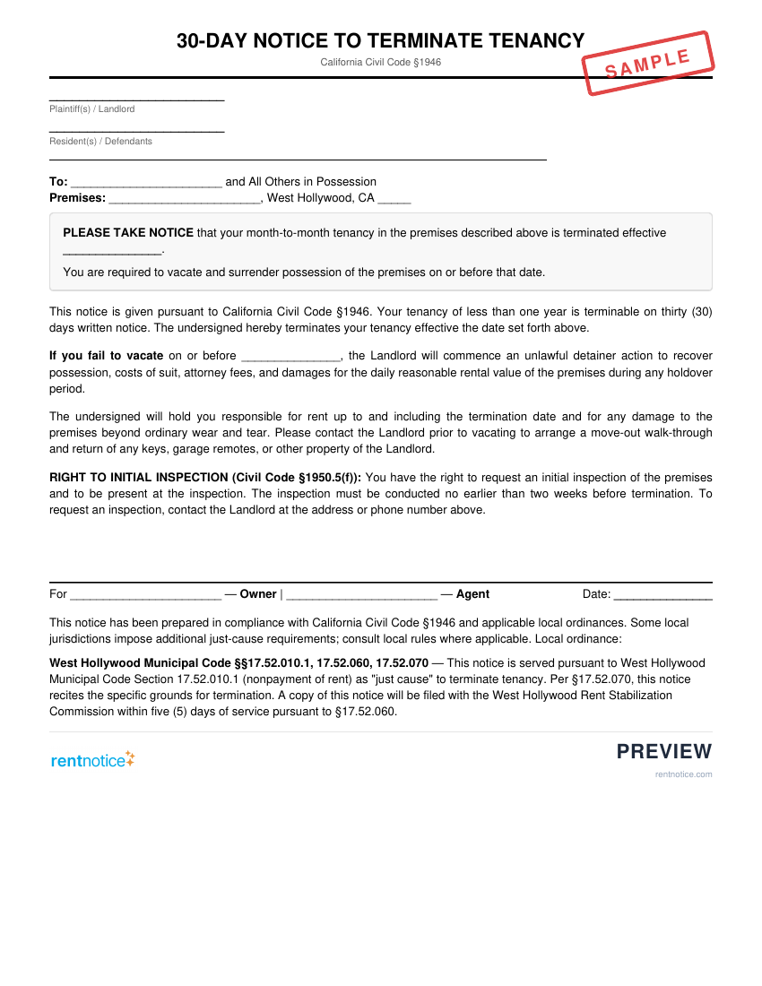 Preview of 30-Day Notice to Terminate Tenancy for West Hollywood