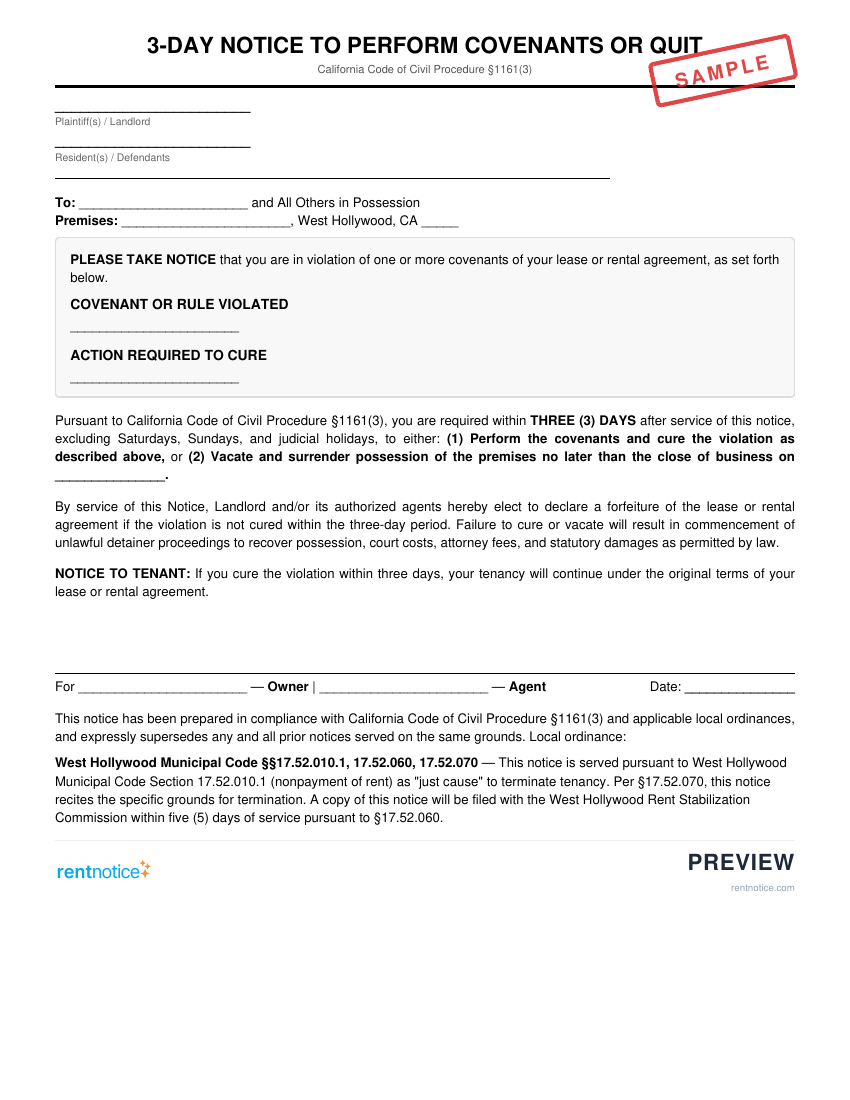 Preview of 3-Day Notice to Perform Covenants or Quit for West Hollywood