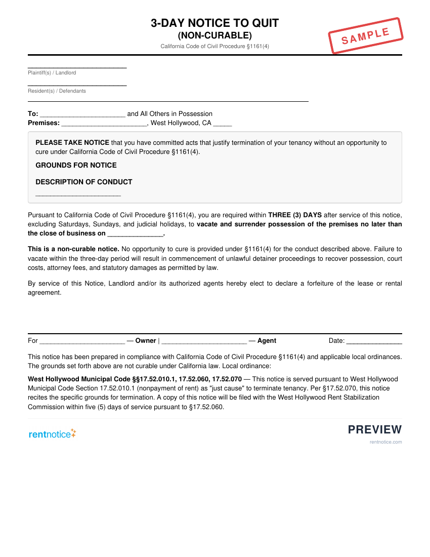 Preview of 3-Day Notice to Quit (Non-Curable) for West Hollywood