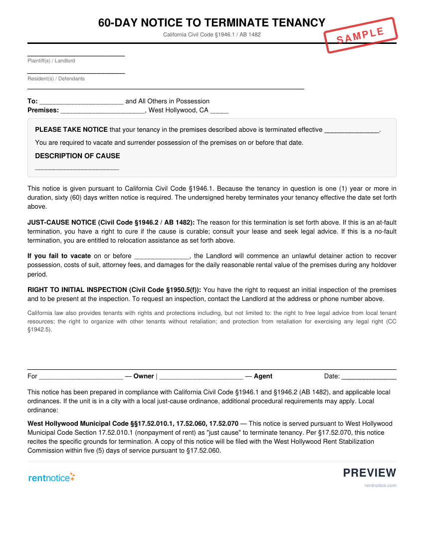 Preview of 60-Day Notice to Terminate Tenancy for West Hollywood