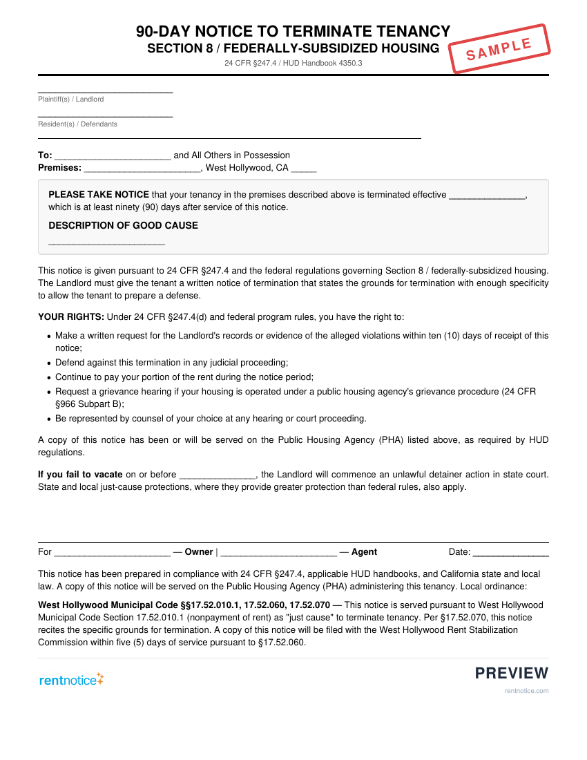 Preview of 90-Day Notice to Terminate Tenancy (Section 8) for West Hollywood