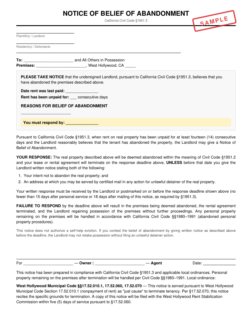 Preview of Notice of Belief of Abandonment for West Hollywood