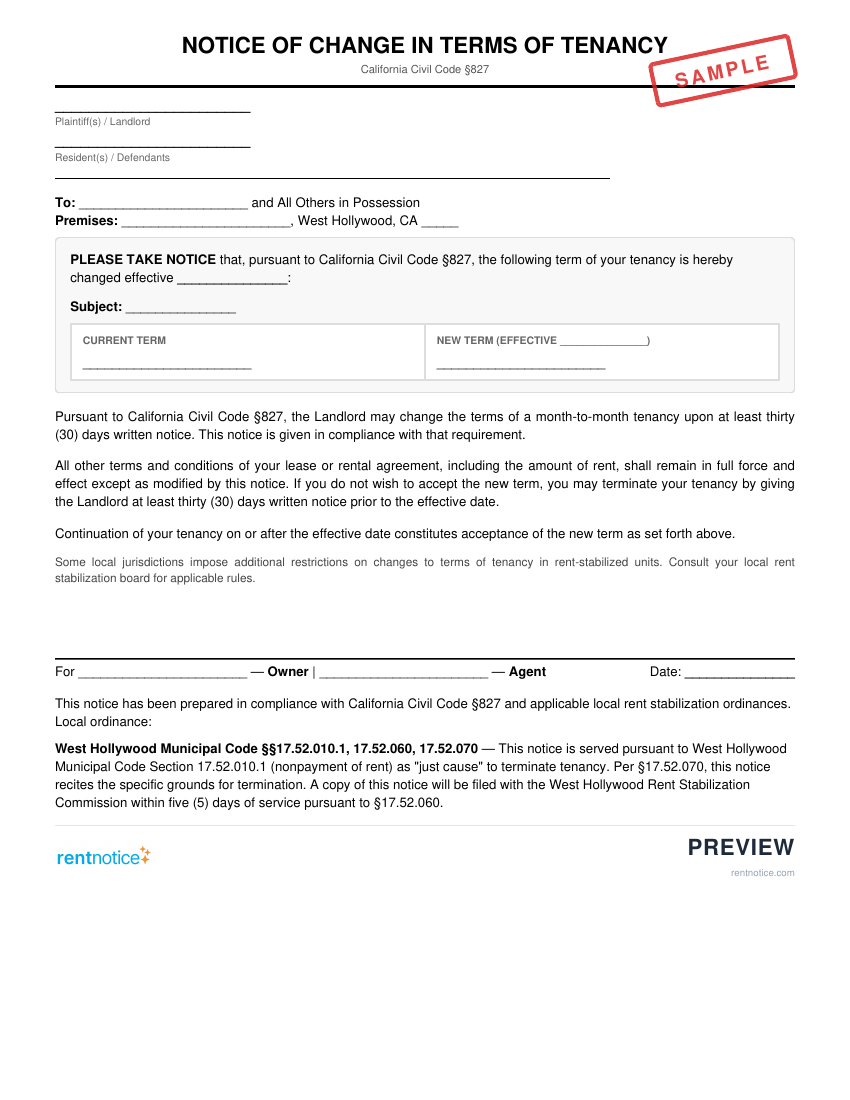 Preview of Notice of Change in Terms of Tenancy for West Hollywood