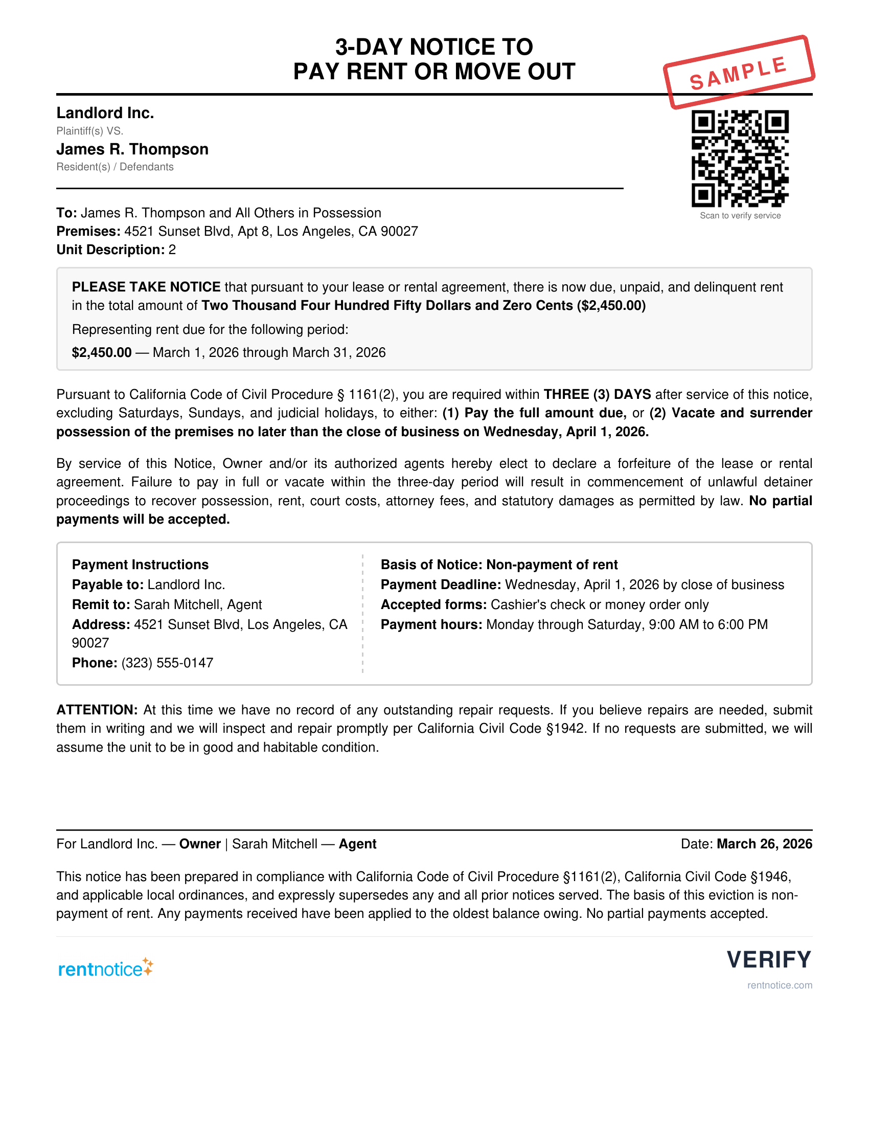 Sample 3-Day Notice